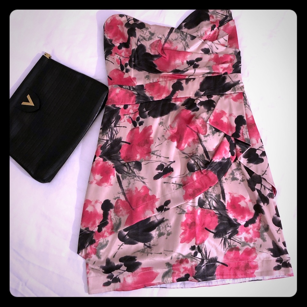 Strapless fitted party dress with floral print